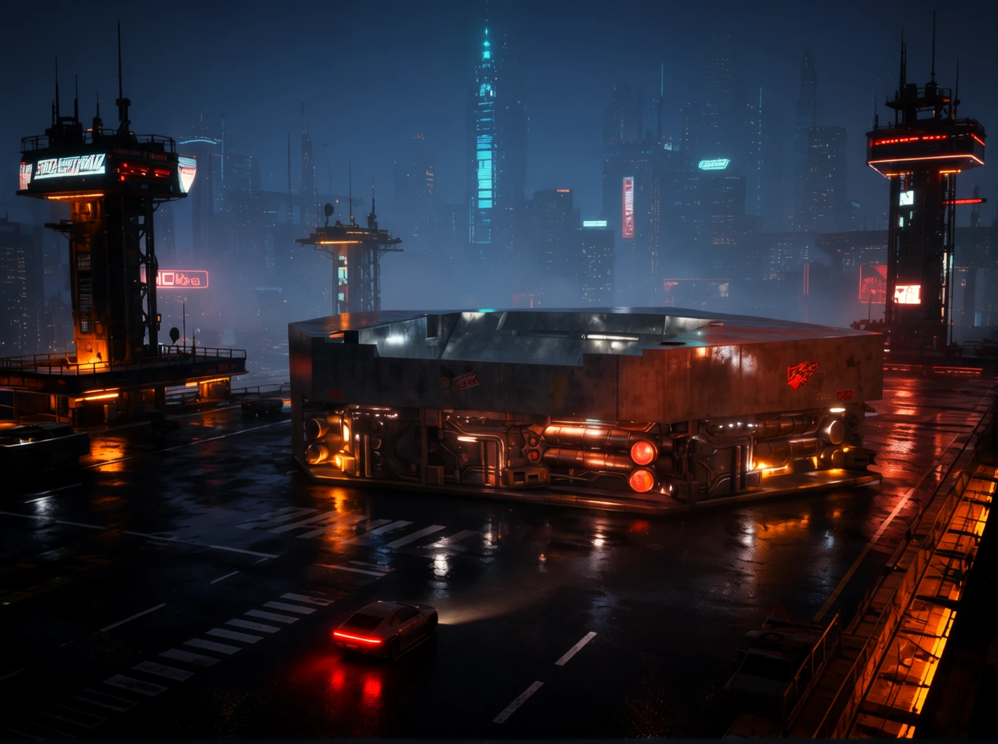 Rainy neon cyberpunk cityscape with a monolithic structure — concept rendered with Concept Magic