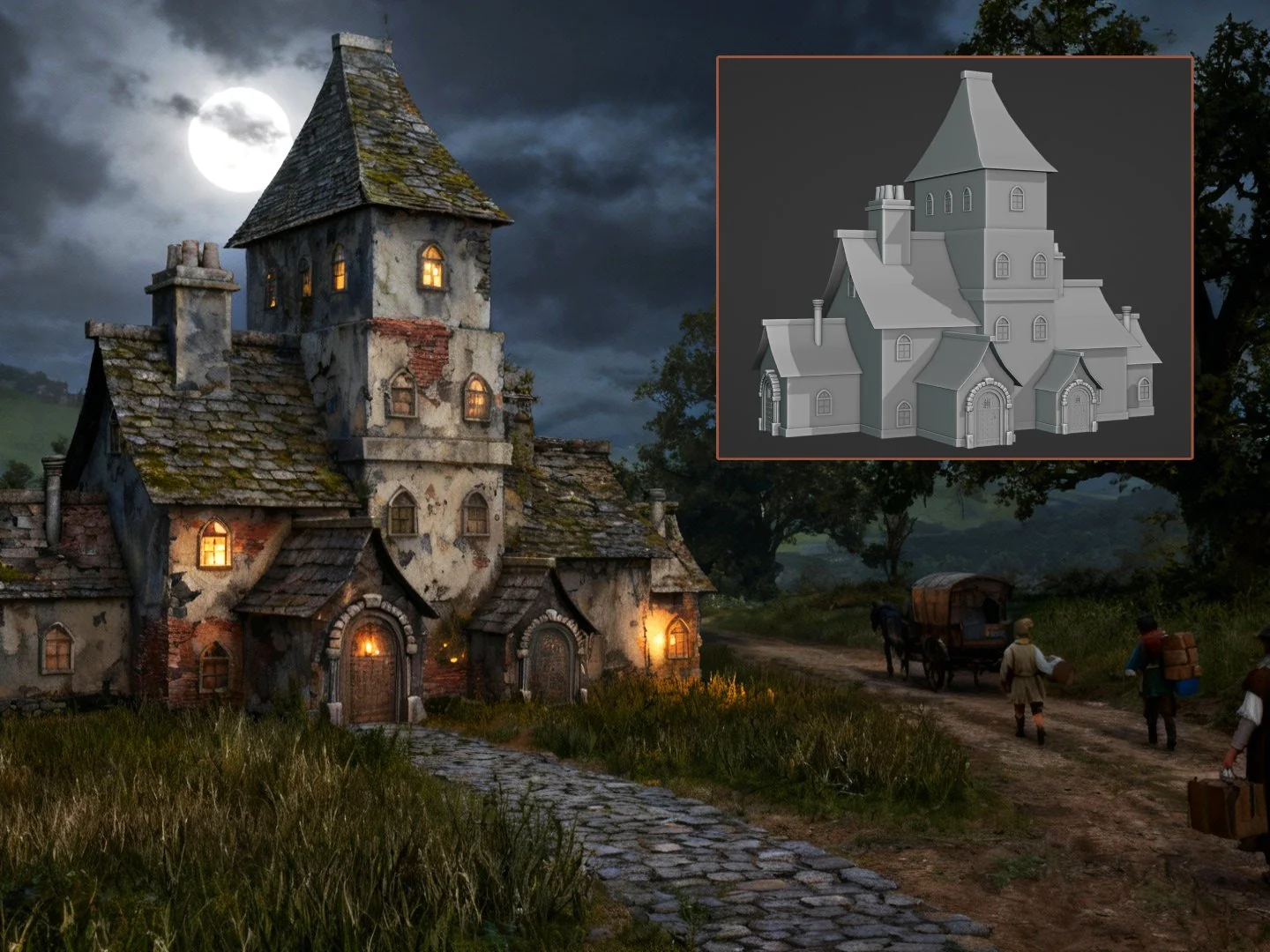 Moonlit fairytale cottage on a country road, with the gray-box model inset