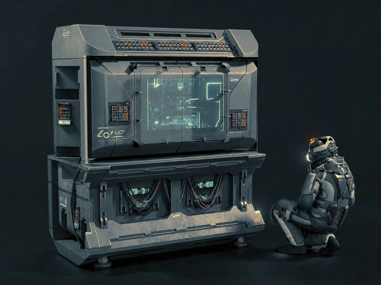Sci-fi machine and character scene built from shaper block-outs and KIT OPS detail passes