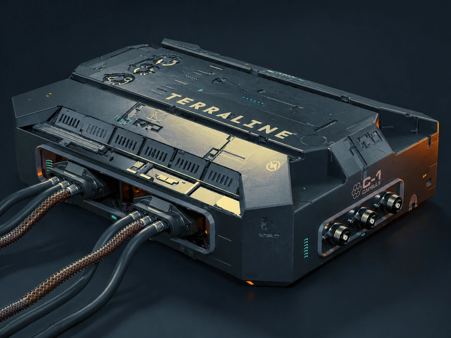 Terraline hard-surface capsule with cables, blocked out with shapers and detailed with INSERTs